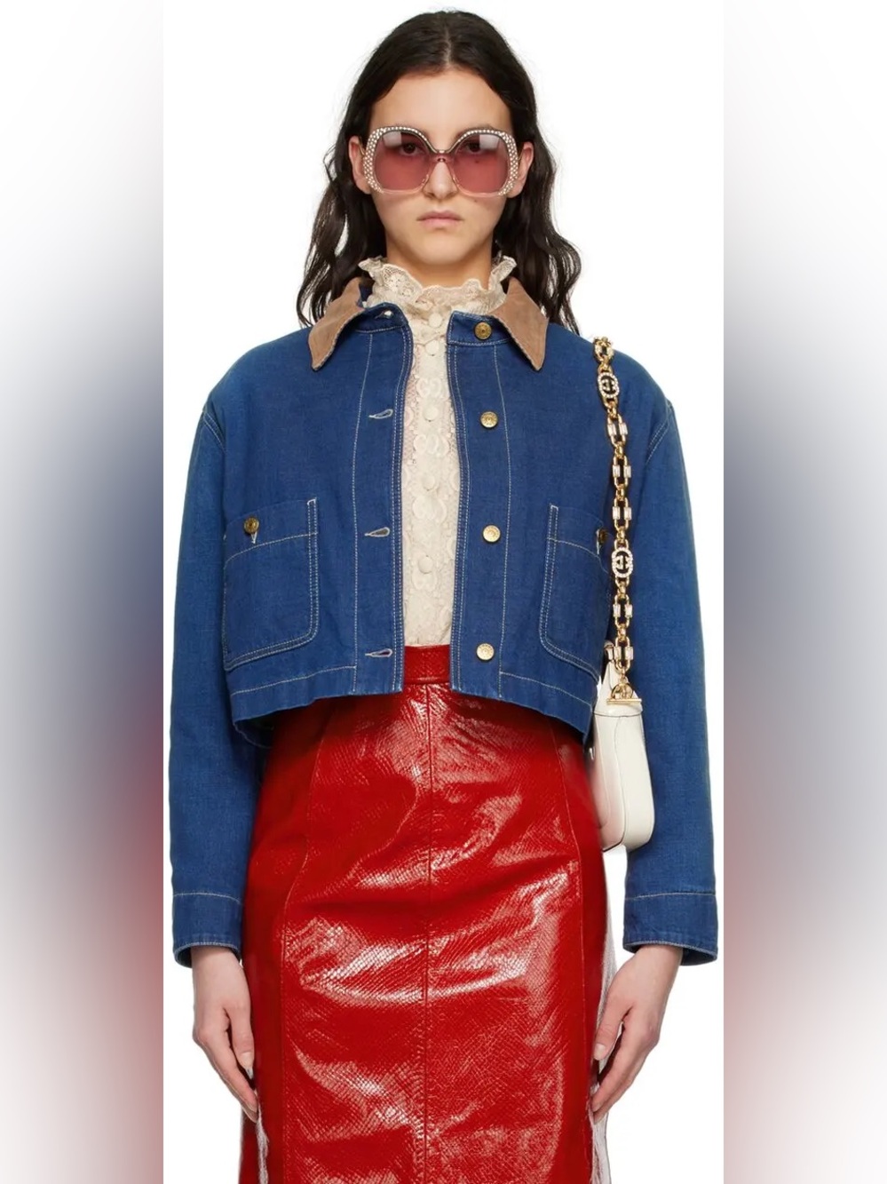 Gucci Eco Washed Organic Denim Jean Jacket Knit Lined with Corduroy Collar